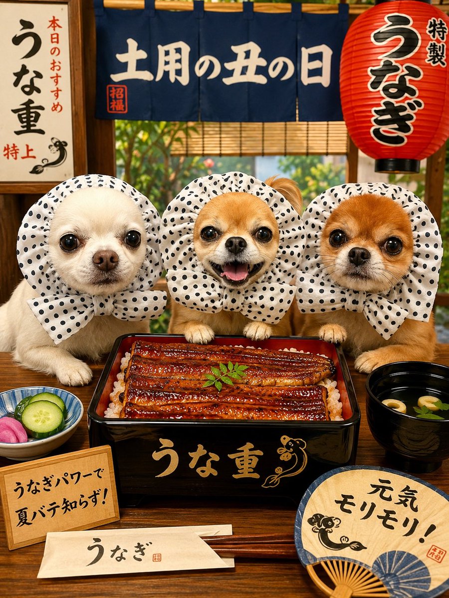 nat__mil's tweet photo. しっかり食べて夏を乗り切ろう！😆✊

#土用の丑の日 #うなぎ #うな重
#チワワ #ChatGPT #ほっかむり犬 https://t.co/08ogkHY38t