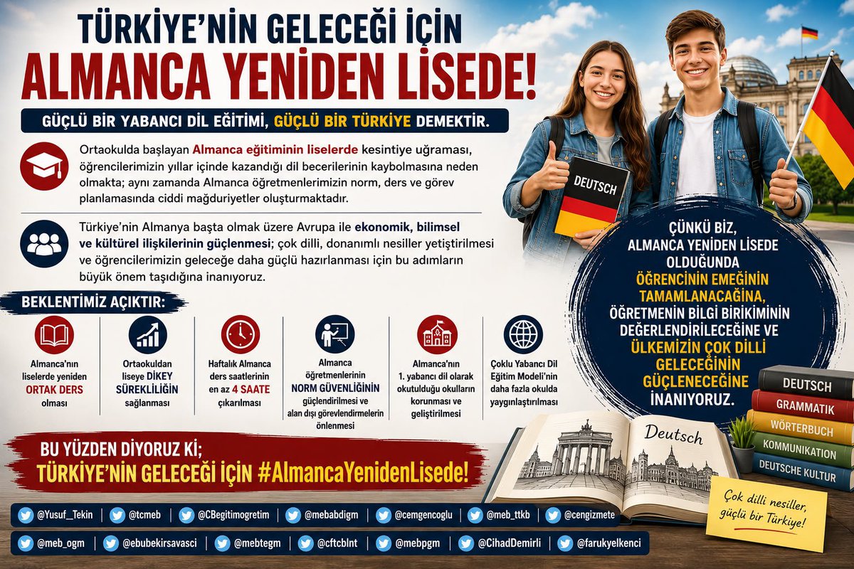 FrauSecil's tweet photo. @cumhuriyetgzt1 Bugünün öğrencileri, yarının dünyasını şekillendirecek. 🌍 Onlara daha fazla dil, daha fazla kültür, daha fazla fırsat sunalım. 🇩🇪 Almanca liselerde yeniden zorunlu olmalı! 🎓
#AlmancaYenidenLisede @Yusuf__Tekin https://t.co/GQlZm2ndWG