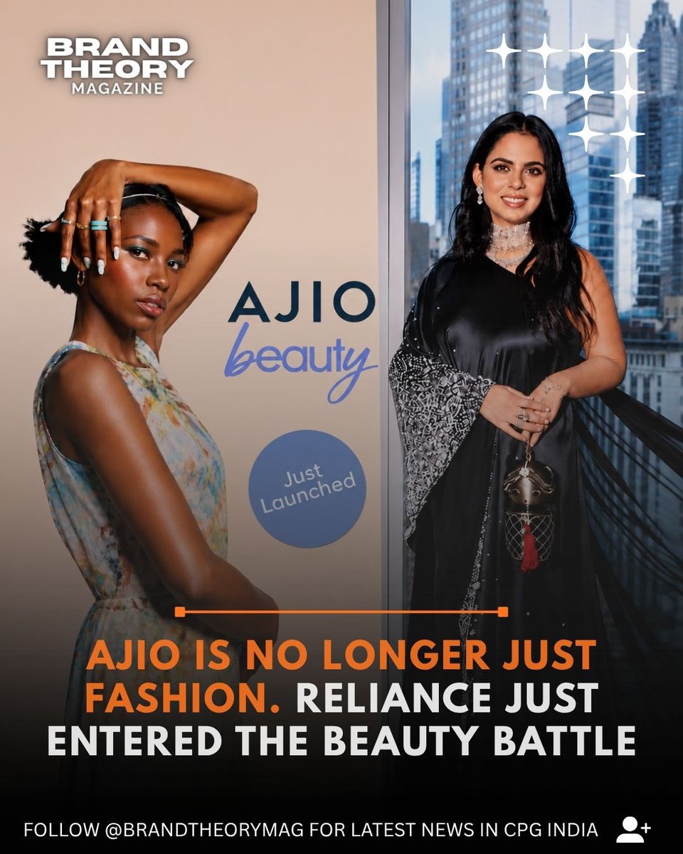 Brandtheorymag's tweet photo. Reliance just entered the beauty battle. 💥 AJIO Beauty is officially live — and things just got interesting for Nykaa &amp; Myntra.

Who’s your bet to win this space? 👇 Follow @brandtheorymag for more CPG India updates https://t.co/kZFY9LXyAZ