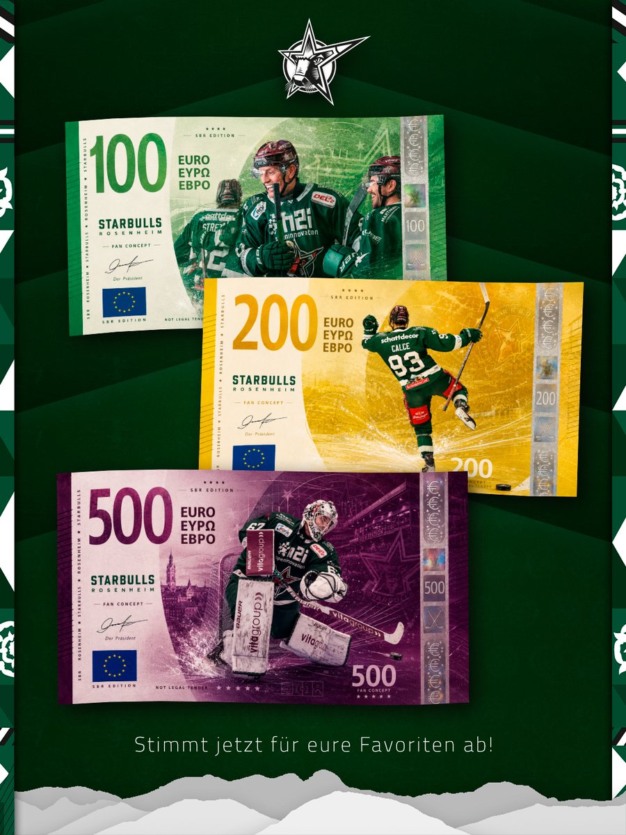 starbulls's tweet photo. Wer braucht schon Vögel auf Geldscheinen, wenn man auch Bullen haben kann? 🐂 💶

Hier gibts unsere ganz eigene SBR-Euro-Edition. Stimmt in den Kommentaren für euren Favoriten ab 😁 

#starbulls #rosenheim #del2 #eishockey #sbr #eurodesign https://t.co/e916oaJHYt