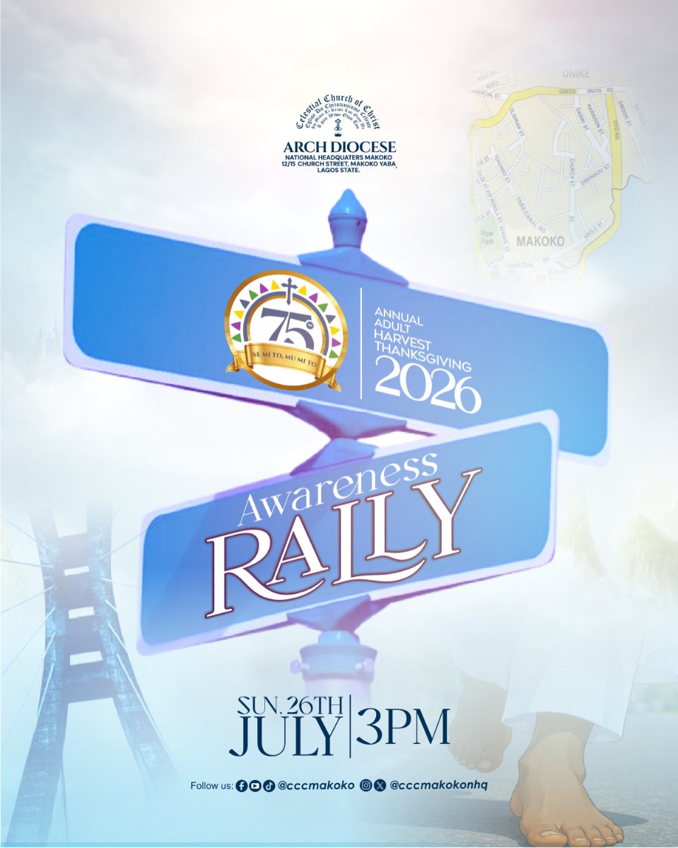 cccmakokonhq's tweet photo. 📢 75TH ADULT HARVEST RALLY AWARENESS 🌈

Walk with us. Celebrate with us. Give thanks with us.
#75thAdultHarvest #HarvestRally #RallyAwareness #75YearsInNigeria #CCCMakokoAt75 #JehovahsFaithfulness #Thanksgiving #CelestialChurchofChrist #CCCMakoko #CCCWorldwide #SeMiToMuMiTo https://t.co/OHXnQCVTym