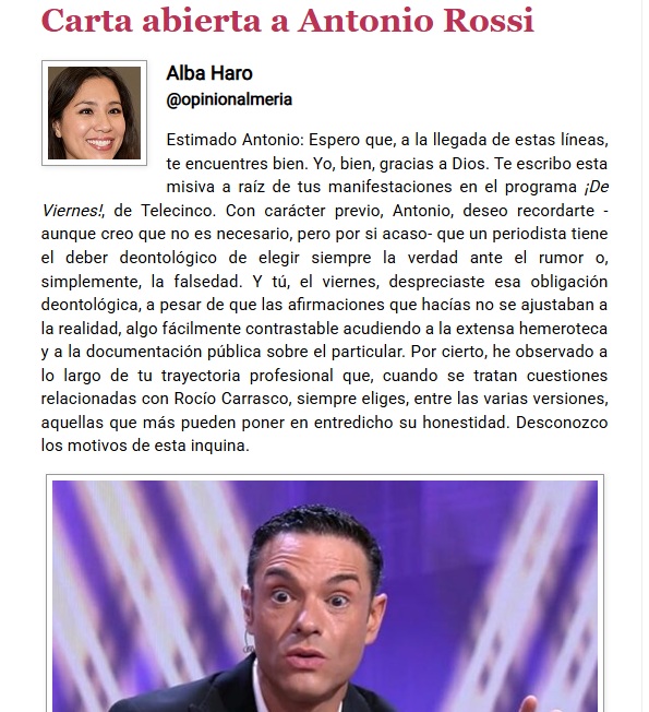 opinionalmeria's tweet photo. Alba Haro escribe en La Opinión de Almería una carta abierta a Antonio Rossi poniendo al descubierto sus mentiras sobre la forma en que se sufragaron los gastos de la enfermedad de Rocío Jurado, siempre con el objetivo de denigrar las manifestaciones de su hija, Rocío Carrasco. https://t.co/P6sdlghn3G