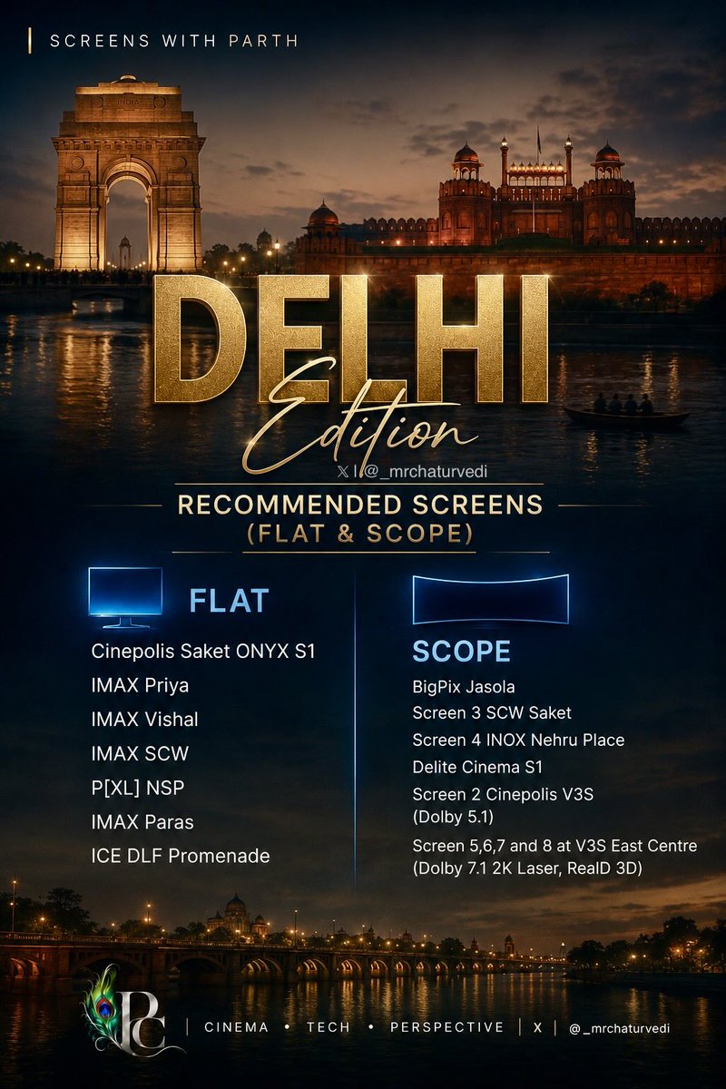 _mrchaturvedi's tweet photo. #ScreenWithParth - Delhi Edition 

Here are my recommendation for Delhi Cinema screens for FLAT and scope movies. 

Please note, I will release Gurugram & Noida combined in a separate post. I wanted to combine entire Delhi NCR, but list was getting way too long. 

#Spiderman #SpidermanBrandNewDay 

Choose right cinema for the right experience.