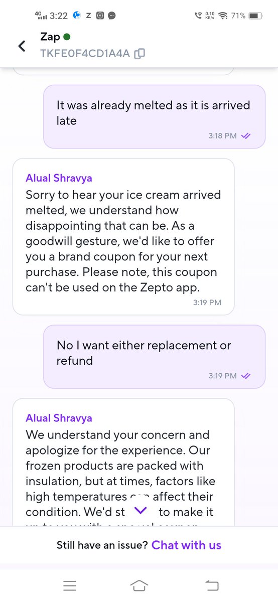RupeshM87438017's tweet photo. My mom's ice cream tub was delivered late and packed in a plastic bag so it arrived melted. It was meant for guests. Instead of a refund or replacement  you're offering useless third-party coupons. Really disappointing
Order id KURGKDKPJ37552
@zeptonow @zeptocares https://t.co/5vvNNiiw9G