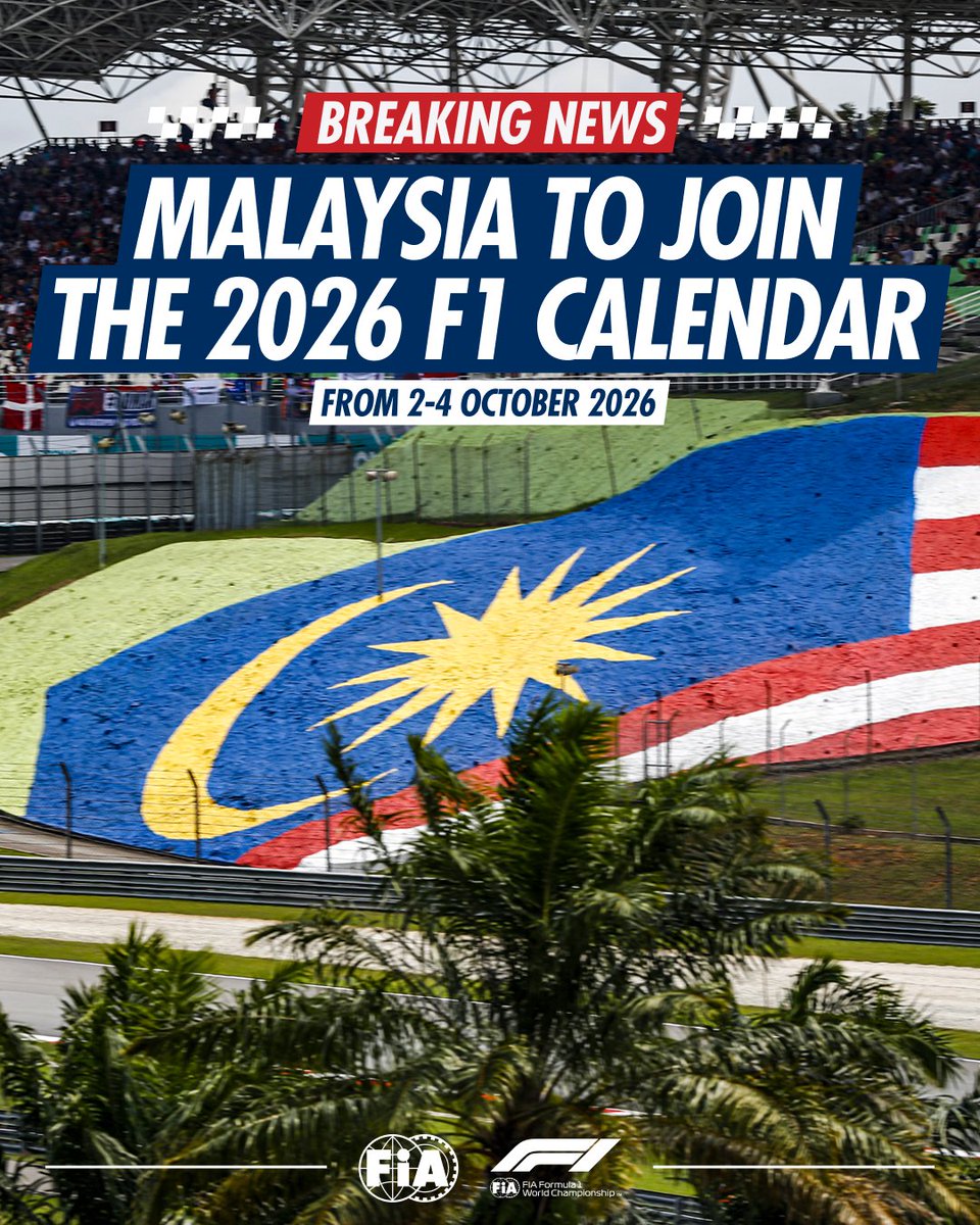 fia's tweet photo. Sepang returns! 🇲🇾

FIA and FOM confirm that Malaysia will join the 2026 calendar, as host venue for the Bahrain Grand Prix from 2–4 October 2026.

#FIA #F1 https://t.co/OfKaZxUXnv