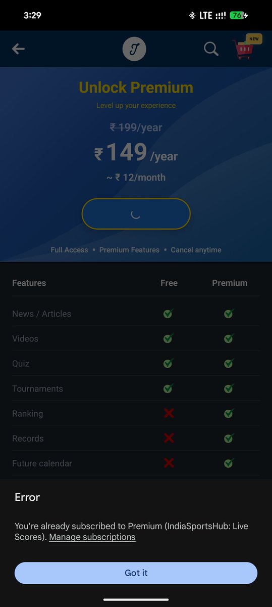 x4cet's tweet photo. @IndiaSportsHub Brought the subscription, not able to see the scores still. https://t.co/ekuBuFu1aO