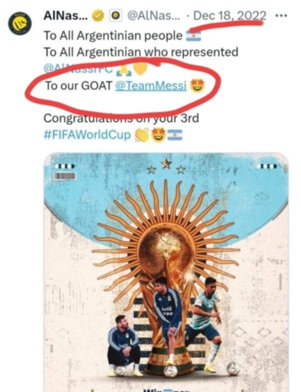 Fcb_striker's tweet photo. Al Nassr's official X account after Argentina and Lionel Messi won the 2022 FIFA World Cup 👀 https://t.co/cBIMrEsc7r