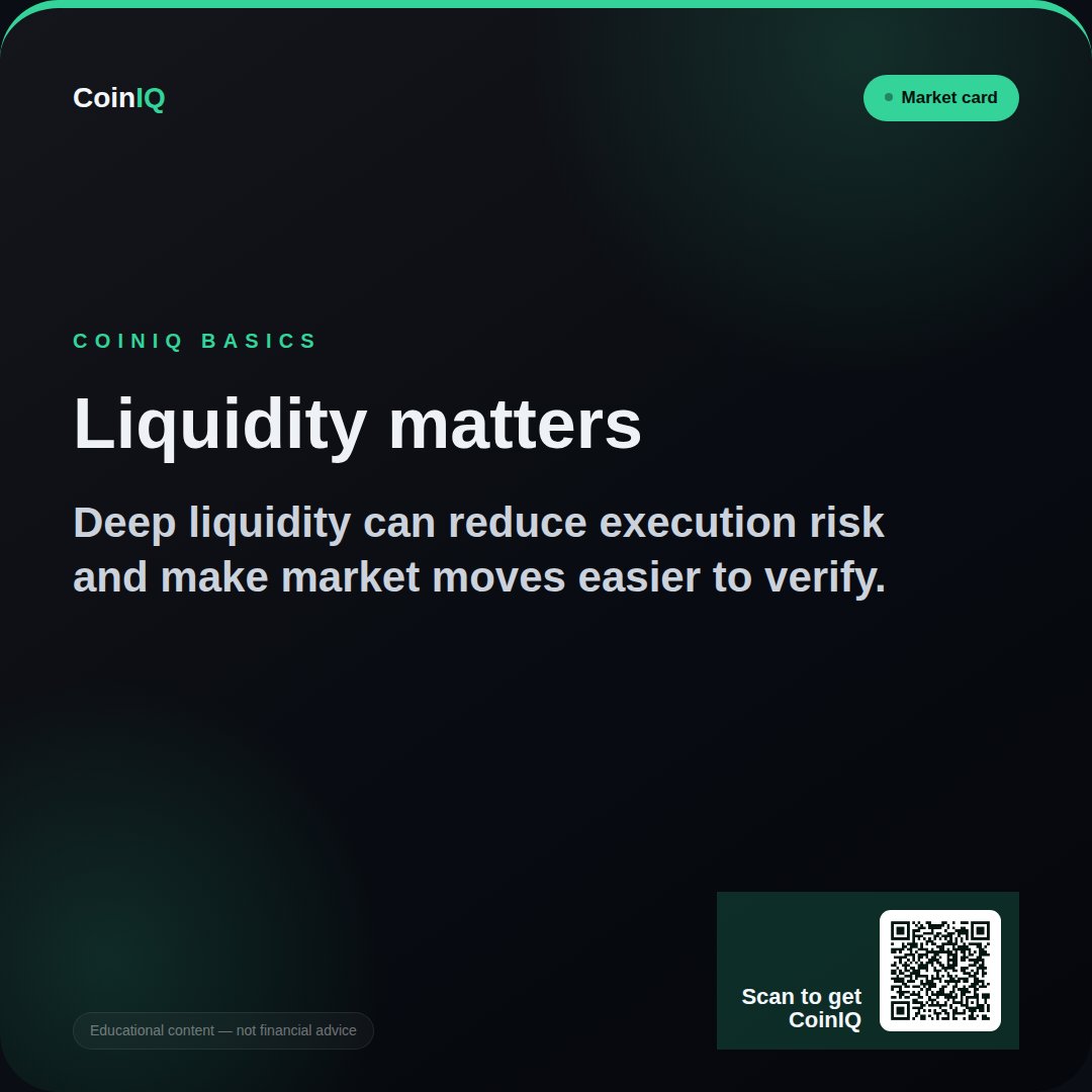 coiniqapp's tweet photo. Liquidity matters: Deep liquidity can reduce execution risk and make market moves easier to verify. https://t.co/kjO1wb9L4W