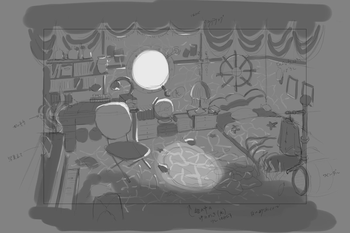 ateliergorou's tweet photo. 今回の絵の構図ラフです！

明暗を見ながらモチーフが見づらくないか、視線がどこにいくかを確認してから色付けに入ります

#制作過程 #ラフ #イラスト https://t.co/o61b1LBEe2