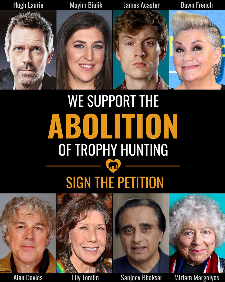 CBTHunting's tweet photo. These public figures are among hundreds of prominent voices supporting the Declaration on the Abolition of Trophy Hunting.

Join them by adding your name to the petition:
https://t.co/wrHvh9KKKZ

Support our campaign with a donation:
https://t.co/k1SevA3Ey7

#BanTrophyHunting https://t.co/orNQU3SSgJ