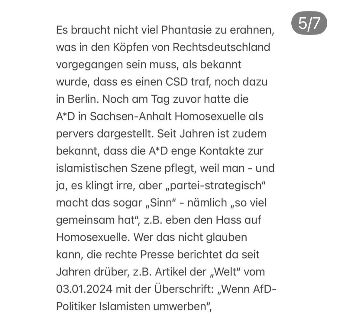 dokhollidays's tweet photo. ‼️CSD Attentat
Alles geplant?!‼️

„Ein Auto rast in eine Menschenmenge.
Schon wieder, wie von der AfD bestellt, ganz kurz vor  wichtigen Wahlen, in Sachsen Anhalt, MeckPomm und Berlin!
Zudem unterhält die AfD enge Kontakte zur Islamistischen Szene, sehr ähnlich der Hass auf Homosexuelle“

Hier der exzellent analytische Beitrag dazu von Marc Raschke (instagram)/