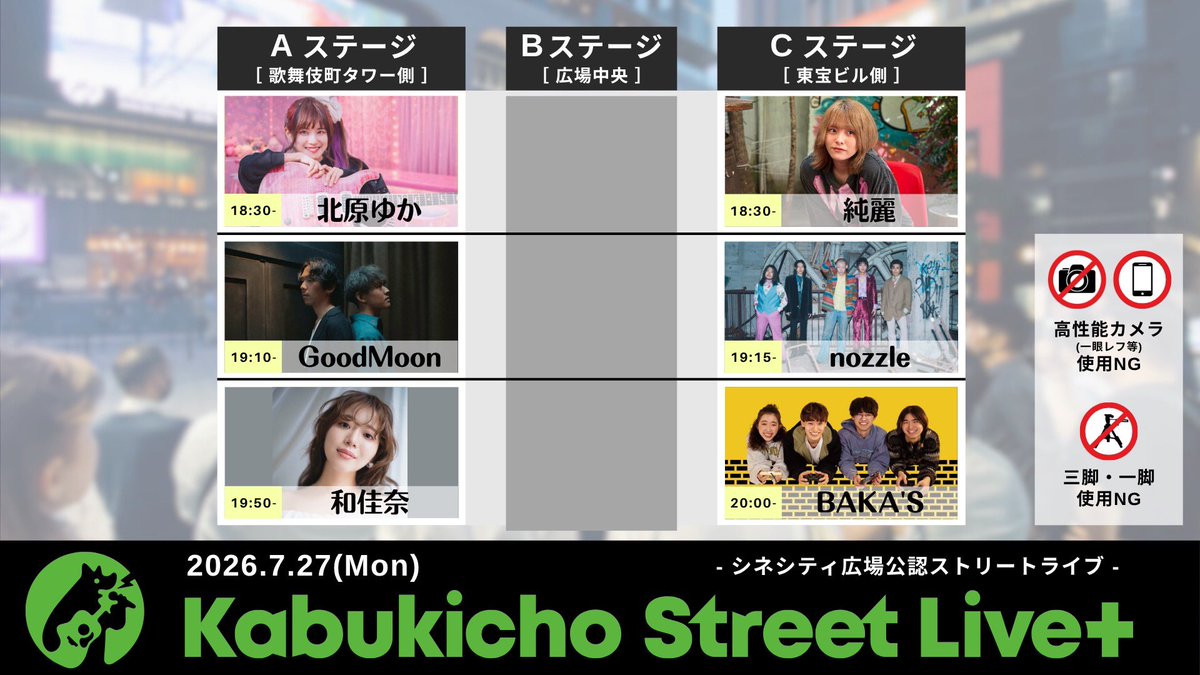 BAKAS_Japan's tweet photo. ／

明日、歌舞伎町でストリートライブ💥

＼

2026.7.27 Mon.
公認ストリートライブイベント
「Kabukicho Street Live+ "Youth”」
📍東急歌舞伎町タワー前 シネシティ広場

BAKA‘S初のストリートライブ！
出演は東宝ビル側Cステージで20:00〜🔥 https://t.co/YvBLBnbcN9