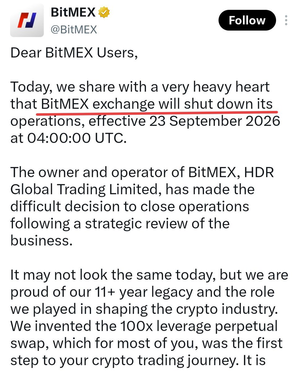 Core_002's tweet photo. The bear market is getting worse.

Two old CEX platforms are shutting down:
🪦 @BitMartExchange
🪦 @BitMEX

If you have funds there, withdraw them.

First, we saw DeFi platforms shutting down.
Now even some CEX platforms are closing.

This is turning into one of the toughest bear markets for crypto projects.