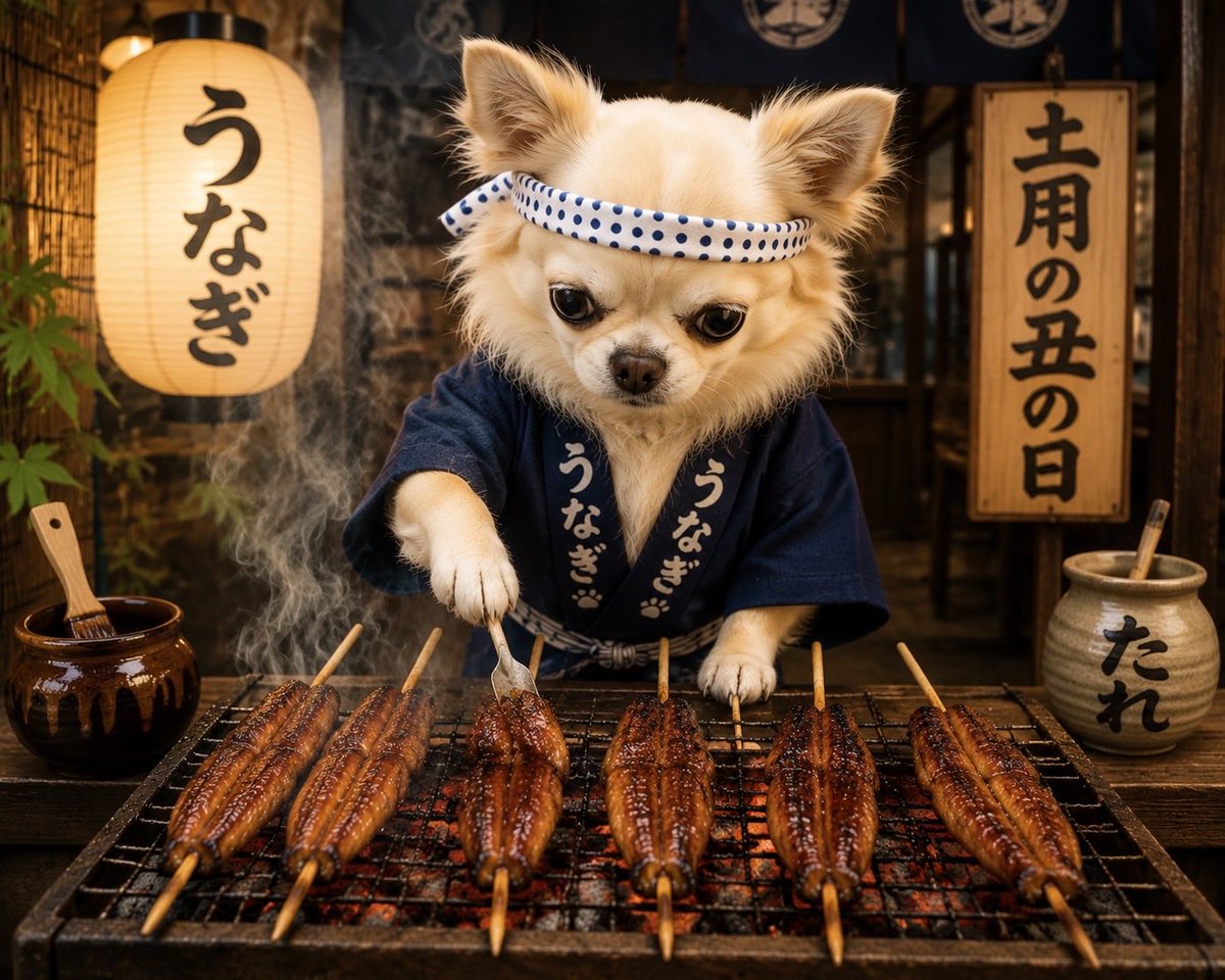 nat__mil's tweet photo. ミルくんが丁寧に焼いてます😆👍

#土用の丑の日 #うなぎ #チワワ
#ChatGPT https://t.co/b6Piz1GXU5