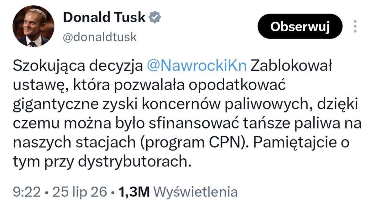 BoguckiZbigniew's tweet photo. Premierze @donaldtusk szokujące jest to, że zamiast zapaść się pod ziemię po tym jak kłamał Pan kierowców, że benzyna będzie po 5,19 zł, a jest po 7,30 zł za litr, obłudnie i nieudolnie próbuje Pan atakować Prezydenta Nawrockiego za to, że w przeciwieństwie do Pana dotrzymuje słowa danego Polakom:
żadnych nowych podatków, tym bardziej nakładanych przez niekonstytucyjne przepisy:
▪️działające wstecz,
▪️zmieniające zasady w trakcie roku podatkowego,
▪️uchwalone w istocie w procedurze niedopuszczalnej dla tworzenia uczciwego prawa podatkowego,
▪️uderzające przede wszystkim w polskie mniejsze firmy.

Nie potrafi Pan dotrzymywać obietnic, a może nawet nie chce Pan ich dotrzymać i to jest szokujące. Jedyne co Pan potrafi i chce, to sięgać coraz głębiej do kieszeni kierowców, polskich rodzin, pracowników, przedsiębiorców i rolników.