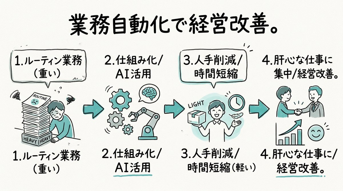 AI_NoCodeMaster's tweet photo. 日々の業務で「これ、誰か自動でやってくれないかな」と感じること、ありませんか？
ルーティン業務に追われ、肝心な仕事に集中できないのは、中小企業の経営者さんからよく聞く話です。

僕がいつも考えるのは、AIツールありきではなく、どの業務をどう仕組みに落とし込み、人手を減らすかという設計。
最近、NTTデータさんの事例でも、OpenAIのCodexで非エンジニアの社員が、時間を要する業務を劇的に短縮してますよね。

営業リスト作成や毎月の請求書発行。一つ一つは小さくても、これらを見直すだけで経営は大きく変わります。
会社の仕事の流れそのものを軽く、強くする仕組みを一緒に考えたい。