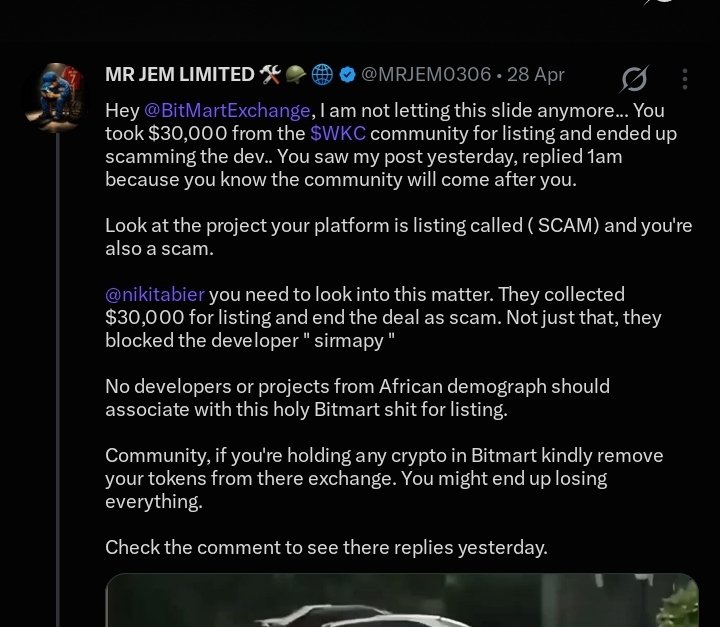 MRJEM0306's tweet photo. Pay Attention To This Images!

Just see evidence of me tagging those charlatans called BitMart Exchange about $WKC during April this year.

I never knew those hypocrites had already blocked me before their downfall. LMAO. 🤣

Sometimes when I call people out, they think I'm a chaotic person or a m@d man. Some people even think it's engagement farming. Funny enough, they hide under my posts in the comments, thinking I won't fish them out.

I just pity those dragging $WKC, SMC DAO, and Sirmapy. You don't know what you're doing. You don't know what this ecosystem has gone through.

Pray you repent before it's too late.

Happy Sunday, 1B Gang. 🍀