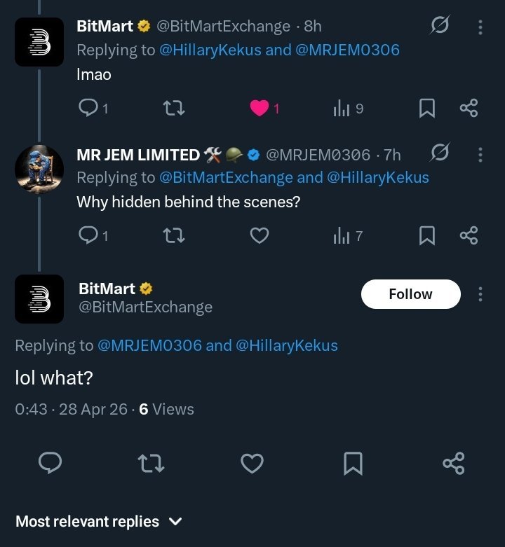 MRJEM0306's tweet photo. Pay Attention To This Images!

Just see evidence of me tagging those charlatans called BitMart Exchange about $WKC during April this year.

I never knew those hypocrites had already blocked me before their downfall. LMAO. 🤣

Sometimes when I call people out, they think I'm a chaotic person or a m@d man. Some people even think it's engagement farming. Funny enough, they hide under my posts in the comments, thinking I won't fish them out.

I just pity those dragging $WKC, SMC DAO, and Sirmapy. You don't know what you're doing. You don't know what this ecosystem has gone through.

Pray you repent before it's too late.

Happy Sunday, 1B Gang. 🍀