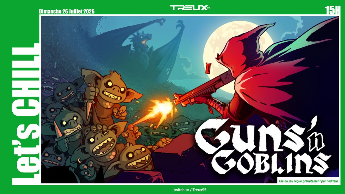 Treux95_Twitch's tweet photo. Hello bonjour !

Cet aprem, c'est découverte indé :)
RDV à 15H pour découvrir Guns 'n Goblins, un jeu de survie au milieu de hordes de gobelins assez énervés ^^
(clé du jeu reçue gratuitement par l'éditeur)

À toute sur https://t.co/FRtkc8KNMQ !

#LetsCHILL #GunsNGoblins #Twitch https://t.co/Gpc9EhXEHt