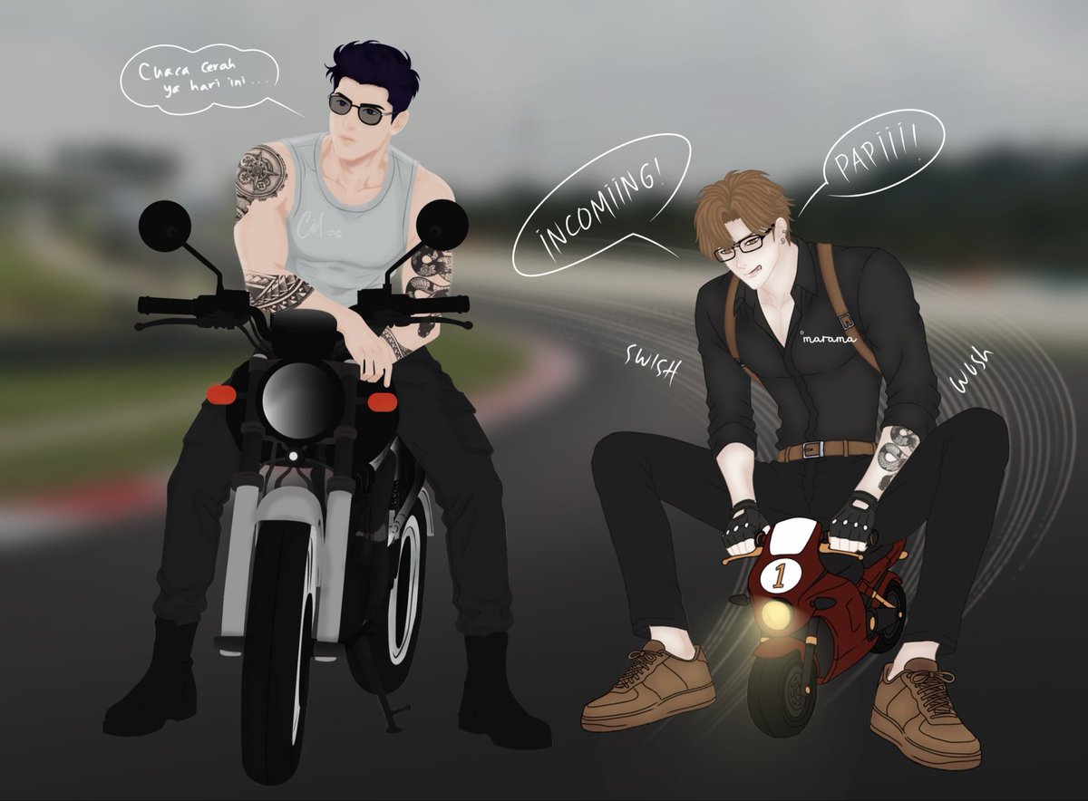 danicamarama's tweet photo. collab komedi hari ini, our geheboi motor balap kiciw dan papi cuaca cerah by @missacell 🤫🍌💨

#artion #gehennart https://t.co/8lhJb2Scie