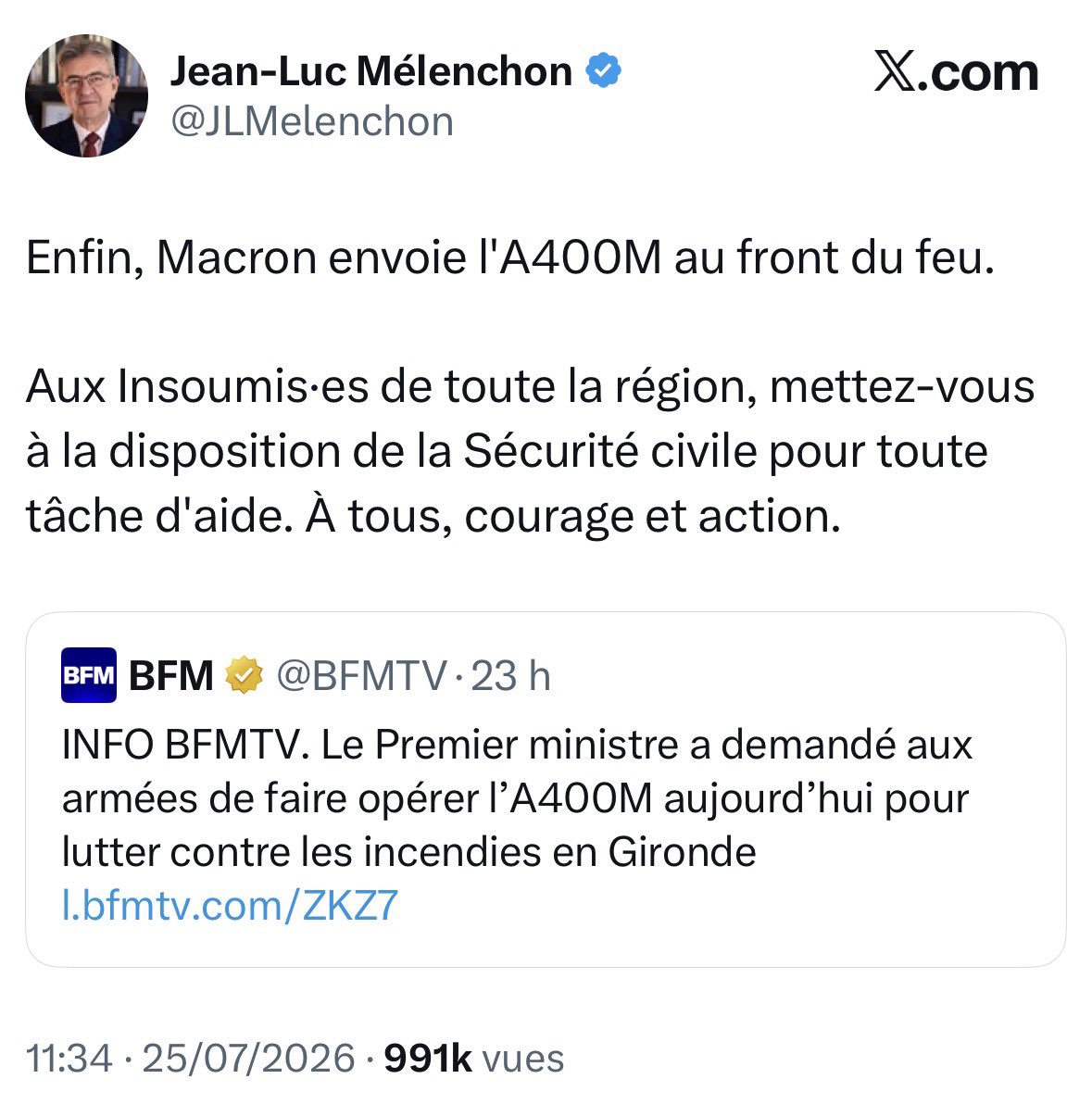 ChaRocher's tweet photo. Jean-Luc Mélenchon lance un appel à la mobilisation de ses troupes face aux incendies en Gironde... Honnêtement, on voit plus son électorat venir caillasser les pompiers et les forces de l’ordre que venir les aider. #FeuxDeForêt https://t.co/89uY7dIk8i