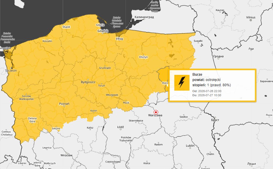 IMGWmeteo's tweet photo. ⚠️ Aktualizacja ostrzeżeń meteorologicznych 

Obowiązuje 5 ostrzeżeń meteorologicznych 1. stopnia przed upałem oraz burzami.

🌡️ Ostrzeżenia przed upałem obejmują znaczną część centralnej, zachodniej i południowej Polski.
🕛 Ważność: 26.07, godz. 12:00 – 19:00.
⛈️ Ostrzeżenia przed burzami obowiązują dla części północno-wschodniej Polski.
🕙 Ważność: 26.07, godz. 22:00 – 27.07, godz. 10:00.

Prognozowane burze mogą przynieść:
🌧️ intensywne opady deszczu,
💨 porywy wiatru,
🧊 lokalnie drobny grad.
W czasie upału pamiętaj o odpowiednim nawodnieniu, unikaj długiego przebywania na słońcu w godzinach największego nasłonecznienia, a wieczorem i w nocy śledź rozwój sytuacji pogodowej w związku z prognozowanymi burzami.

🌐 Aktualne ostrzeżenia i prognozy dostępne są na: https://t.co/c3JUXVOvrU
#IMGW #IMGWPIB #MeteoIMGW #Ostrzeżenia #Upał #Burze #BezpieczneWakacje