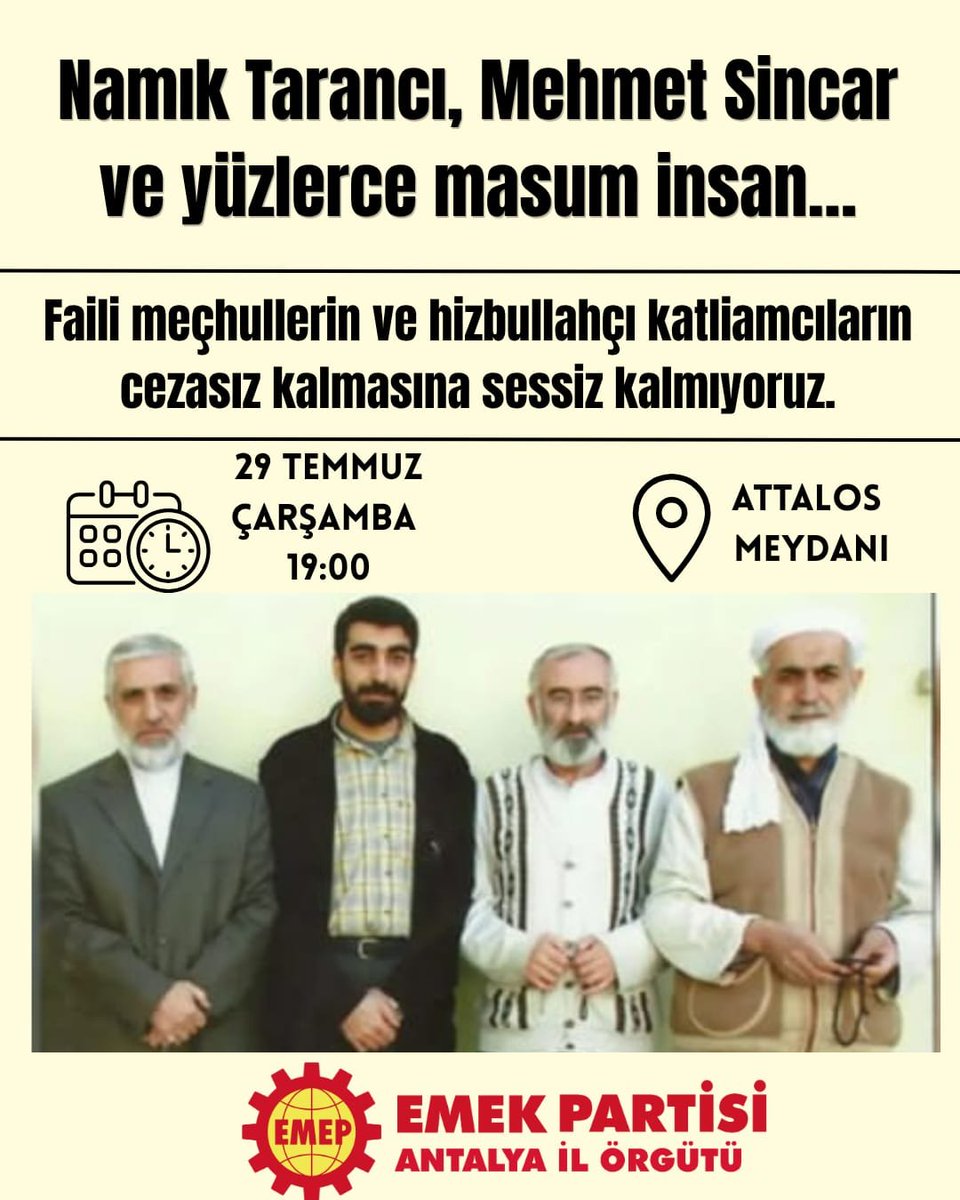 antalyaemep's tweet photo. Domuz bağı katliamları ve faili meçhul cinayetlerle hafızalara kazınan Hizbullah yöneticilerinin mağdur ailelerden habersiz yürütülen "yeniden yargılama" süreçleriyle serbest bıraklması kabul edilemez!
Tüm kamuoyunu, basın mensuplarını ve adalet arayanları açıklamamıza bekliyoruz https://t.co/UFBxlmPFse