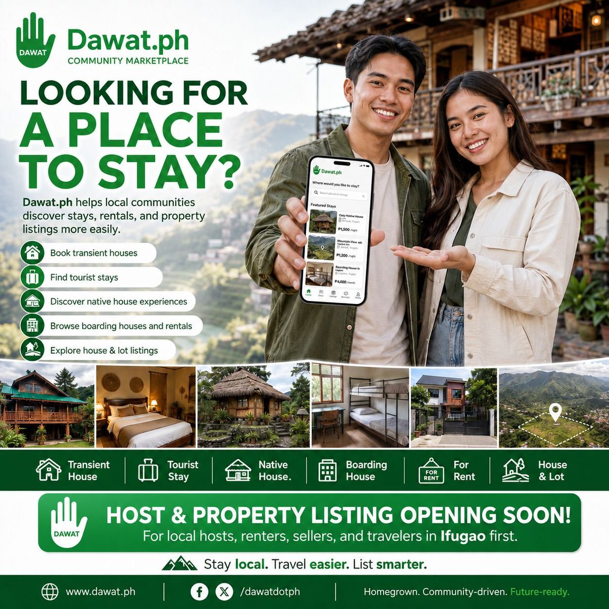 dawatdotph's tweet photo. 🏡 Your extra room, native house, boarding space, rental, or property could become someone’s next home, stay, or investment.

https://t.co/IhadLU6INT is building a local marketplace where hosts and property owners can connect with travelers, renters, buyers, and families looking for trusted places within the community.

We are starting in Ifugao to help local property owners earn more while making it easier for people to find authentic stays and available properties.

🌱 Early host and property listing registration is opening soon.
List local. Welcome more guests. Create new opportunities.