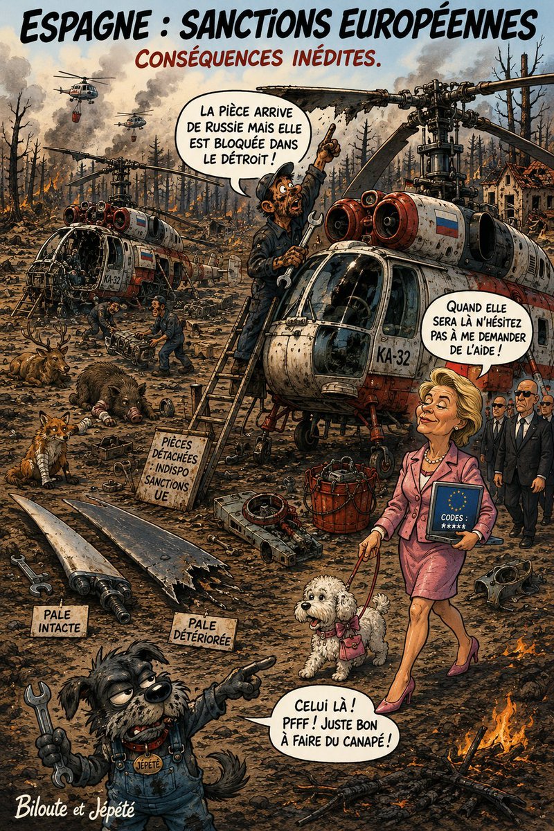 GuillermoRocaf1's tweet photo. La prensa francesa ironiza con las consecuencias nefastas para España de la prohibición a los Helicópteros ANTIINCENDIOS rusos KAMOV para extinguir INCENDIOS en la UE 👇😱
@vonderleyen es una PIRÓMANA Globalista 🎯 https://t.co/PdpXUFU2Y9