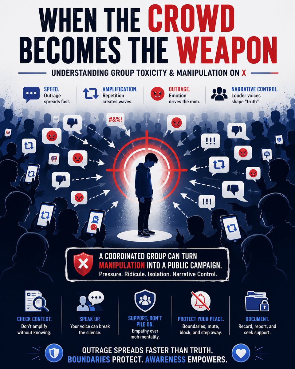 j_sandhiya's tweet photo. WHEN THE CROWD BECOMES THE WEAPON
Not every viral outrage begins with facts.Sometimes it begins with repetition. Then amplification. Then public shaming. Soon, the loudest narrative starts to look like the truth.
Group toxicity doesn't always rely on one bully it thrives when many accounts reinforce the same story, while others join in or stay silent.
Question viral narratives. 

Verify before amplifying. Protect boundaries. 
Document patterns.
Don't mistake engagement for evidence.
Outrage spreads faster than truth. Awareness spreads stronger.
#SocialMedia #GroupToxicity #OnlineHarassment