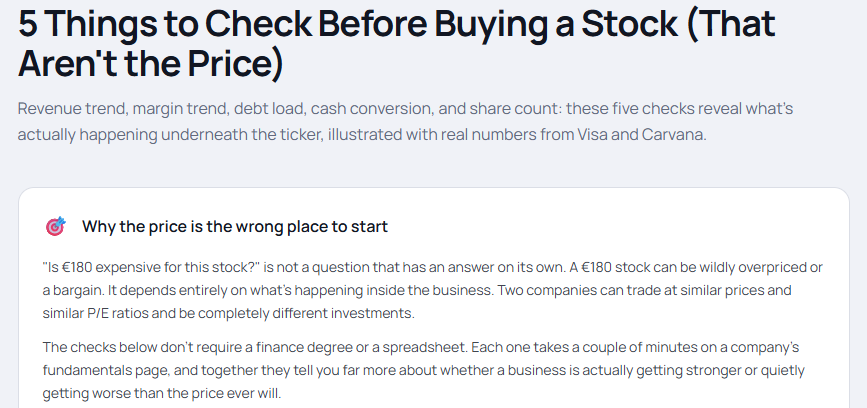 OitavaApp's tweet photo. 5 stock checks that aren't the price:

📈 Revenue speeding up or slowing?
📊 Margins expanding or compressing?
🏦 Debt vs earnings
💵 FCF vs net income
🧮 Buybacks or dilution

Full example, Visa vs Carvana: https://t.co/K0r5A1hQSY https://t.co/x02XTEiCF8