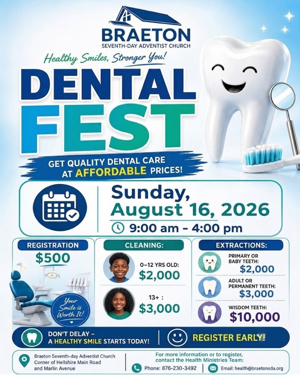 braetonsda's tweet photo. 🦷 Your Smile Matters! 😁

Join us for Dental Fest 2026!

Bring your family and friends—everyone is welcome!

📝 Register: https://t.co/1Ug1TpDdyo

#braetonsda #cjcsda #jamaicaunion #healthysmiles #oralhealth https://t.co/63z1ZjKNAb