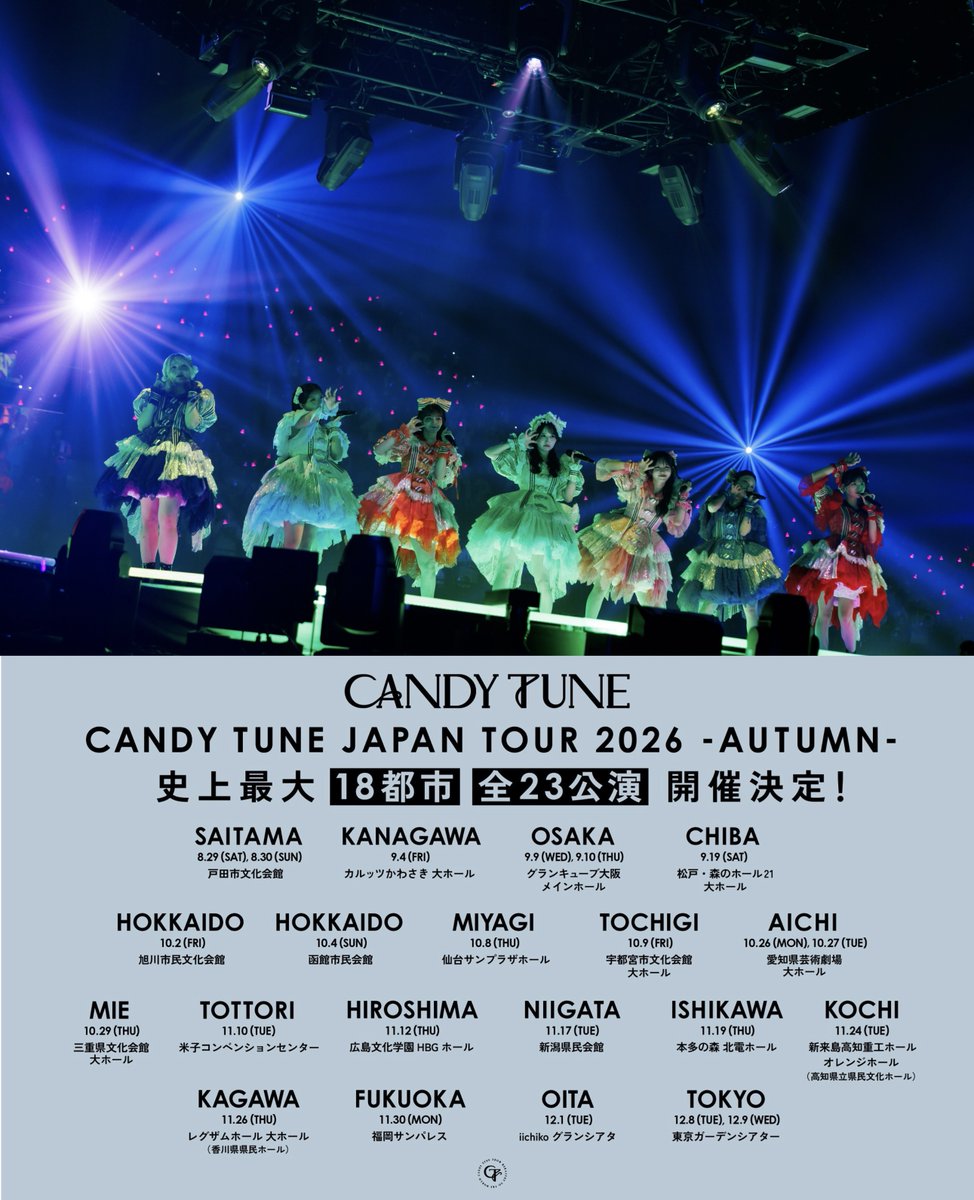 CANDY_TUNE_'s tweet photo. 🎪史上最大18都市 全23公演 ツアー開催🎪

8/29(土)開催の埼玉公演を皮切りに
CANDY TUNE 史上最多公演数の
秋ツアーで全国におじゃまします❗️🥳

ただいま
《最速プレイガイド先行》実施中❗️🎟️

🎪お申込みはこちら
https://t.co/CmTiC9XzxC
受付期間：～ 7/28(火)23:59

#CANDYTUNE #きゃんちゅー https://t.co/7ilzWarYAg