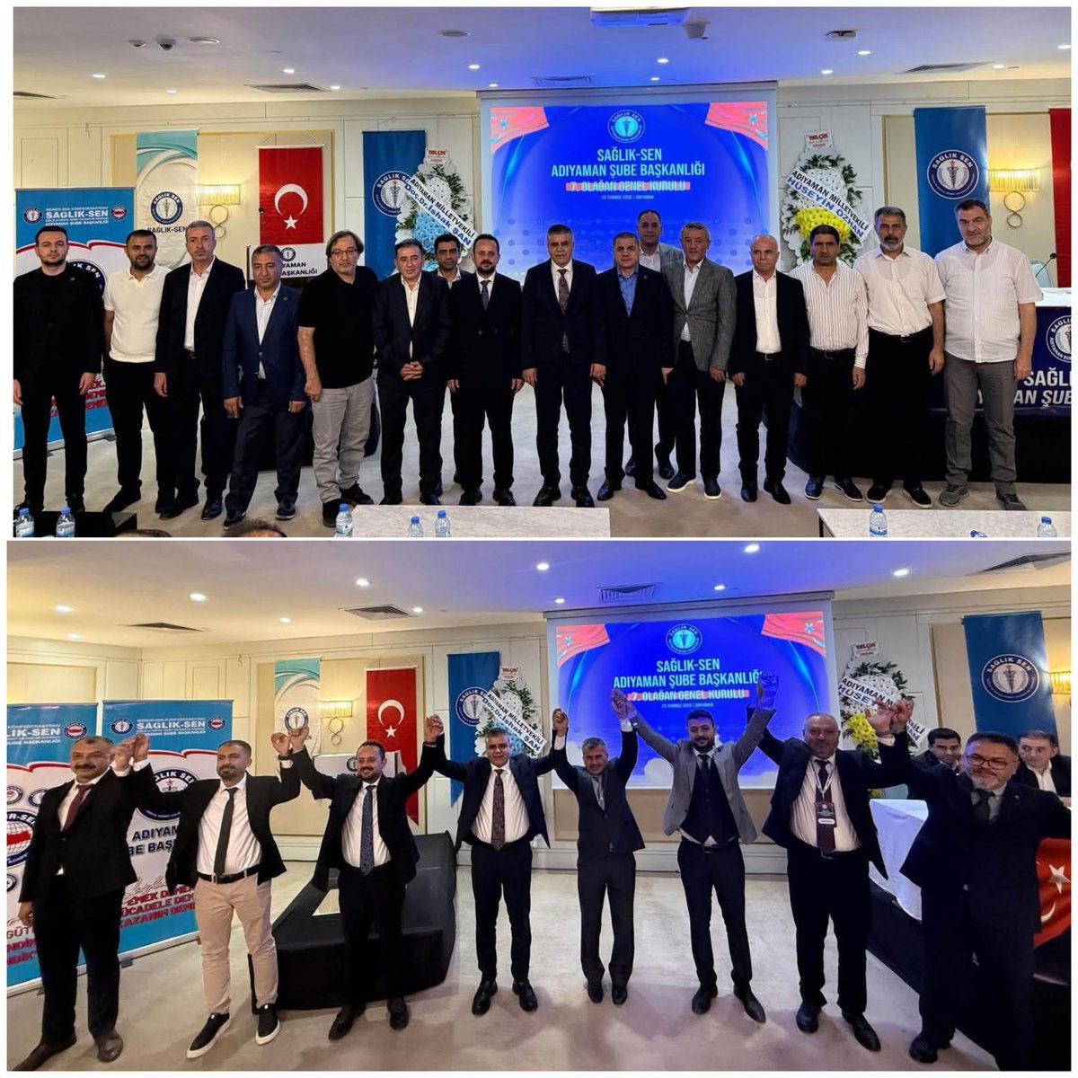 adymnsagliksen's tweet photo. Sağlık-Sen Genel Başkan Yardımcımız Sayın Yasin Barutcu  Başkanımızın teşrifleriyle;

Sağlık-Sen Adıyaman Şubemizin 7. Olağan Genel Kurulu'nu büyük bir Coşku, beraberlik ve kardeşlik atmosferi içerisinde gerçekleştirdik.

Genel Kurulumuza katılımlarıyla bizleri onurlandıran;

➡️ AK Parti Adıyaman İl Başkanı Sayın Av.Ekrem ÇADIR,
➡️ Memur-Sen Adıyaman İl Temsilcisi ve Eğitim-Bir-Sen Şube Başkanımız Sayın Mehmet DEMİR,
➡️ İl Sağlık Müdürümüz Sayın Prof.Dr.Mehmet ŞİRİK,
➡️ Sosyal Güvenlik Kurumu İl Müdürümüz Sn.Mücahit ÇELİK,
➡️ Ağrı Şube Başkanımız Sayın Fevzi MAĞAL,
➡️ Batman Şube Başkanımız Sayın İbrahim Halil DURSUN,
➡️ Bilecik Şube Başkanımız Sayın Emrah GÖZTEPE,
➡️ Elazığ Üniversite Şube Başkanımız Sayın Enes BAL,
➡️ Gaziantep Şube Başkanımız Sayın Mehmet Ali ARAYICI,
➡️ Kahramanmaraş Şube Başkanımız Sayın Bünyamin Mutlu DEMİRCİ,
➡️ Kilis Şube Başkanımız Sayın İmam Hüseyin ÖZCAN,
➡️ Malatya Şube Başkanımız Sayın Hasan ULUTAŞ,
➡️ Mardin Şube Başkanımız Sayın Abdullah SARUHAN,
➡️ Osmaniye Şube Başkanımız Sayın Muhittin ÇENET,
➡️ Şanlıurfa Şube Başkanımız Sayın Abdulkadir YABİR,
➡️ Şırnak Şube Başkanımız Sayın Sabgatullah ANMAL,
➡️ Tunceli Şube Başkanımız Sayın Kadir İŞİTMEN,
➡️ Diyarbakır Şube Başkan Yardımcılarımız,
➡️ Hak-İş Sendikası İl Başkanımız Sayın Hasan KILINÇ,
➡️ Öz Sağlık-İş Şube Başkanımız Sayın Mustafa Uğur KÖSE,
➡️ Diyanet-Sen Adıyaman Şube Başkanımız Sayın Emin ÇİL,
➡️ Büro Memur-Sen Adıyaman Şube Başkanımız Sayın Resul TAŞKIN,
➡️ Kültür Memur-Sen Adıyaman İl Temsilcimiz Sayın Bahattin ÜNSAL,
➡️ Ulaştırma Memur-Sen Adıyaman İl Temsilcimiz Sayın Mahmut ÇELİK,
➡️ Birlik Haber-Sen Adıyaman İl Temsilcimiz Sayın Zahit ORHAN,
➡️ Enerji Bir-Sen Adıyaman İl Temsilcimiz Sayın Hayrettin DOĞAN,
➡️ Bem-Bir-Sen Adıyaman İl Temsilcimiz Sayın Erkan YAĞIZLI,
➡️ Bayındır Memur-Sen Adıyaman İl Temsilcimiz Sayın Osman ÇELEBİ,
➡️ Ağrı Bem-Bir-Sen Başkanımız Sayın Osman KARASU,
➡️ Ağrı Bayındır Memur-Sen Başkanımız Sayın Şahin KAYA,
➡️ Aile ve Sosyal Hizmetler İl Müdür Yardımcımız Sayın Osman İDE,
➡️ Destek Hizmetleri Başkanımız Sayın Osman AYDIN,
➡️ Kamu Hastaneleri Hizmetleri Başkanımız Sayın Doç.Dr.Fedli Emre KILIÇ,
➡️ Halk Sağlığı Hizmetleri Başkanımız Sayın H.Mustafa KUTLU,
➡️ Adıyaman Eğitim ve Araştırma Hastanesi Başhekimimiz Sayın Dr.Öğr.Üyesi Mehmet TEPE,
➡️ TÜGVA İl Başkanımız Sayın Recep TEPE,
➡️ İHH Adıyaman İl Temsilcimiz Sayın Mücahit TEKİN,
➡️Adıyaman Kent Konseyi Başkanımız Sayın Sinan TEMEL,
➡️ Yeşilay Adıyaman Şube Başkanımız Sayın Bahattin TUNÇ,
➡️ Sağlık ve Sosyal Hizmet Kurumlarımızın Çok Değerli Yöneticileri,
➡️ Sağlık-Sen İlçe Başkanlarımız ve Yönetim Kurulu Üyelerimiz,
➡️ Birbirinden kıymetli Delegelerimiz,
➡️ Teşkilatımızın omurgasını oluşturan fedakâr temsilcilerimiz, Hekim Komisyonumuz, Kadın Komisyonumuz ve Gençlik Komisyonumuz ile tüm misafirlerimize en kalbi teşekkürlerimizi sunuyoruz.

Ayrıca, bugüne kadar büyük bir özveriyle görev yaparak teşkilatımıza önemli katkılar sunan önceki dönem Yönetim Kurulu üyelerimize emekleri ve gayretleri için teşekkür ediyor, 7. Olağan Genel Kurulumuzda delegelerimizin teveccühüyle seçilen yeni dönem Yönetim Kurulu üyelerimizi tebrik ediyor, görevlerinde üstün başarılar diliyoruz.

Bu anlamlı buluşma; teşkilatımızın birlik ve beraberliğinin, kardeşlik hukukunun ve ortak dava bilincinin en güzel göstergelerinden biri olmuştur.

Sağlık-Sen Adıyaman Şubesi olarak, dün olduğu gibi bugün de yarın da sağlık ve sosyal hizmet çalışanlarımızın hak ve menfaatlerini korumak, emeğin onurunu yüceltmek ve güçlü teşkilat yapımızla mücadelemizi kararlılıkla sürdürmek için var gücümüzle çalışmaya devam edeceğiz.

7. Olağan Genel Kurulumuzun; teşkilatımıza, üyelerimize, sağlık ve sosyal hizmet çalışanlarımıza, Adıyaman'ımıza ve ülkemize hayırlı olmasını diliyor; katılım sağlayan, destek veren ve emeği geçen herkese gönülden teşekkür ediyoruz.

Birliğimiz daim, mücadelemiz güçlü, kardeşliğimiz baki olsun…

Sağlık-Sen Adıyaman