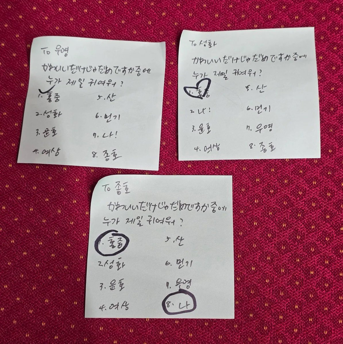 lovelifebeauty_'s tweet photo. op asked each member who was the cutest when performing “is it not enough to just be cute? (kawaii dakeja dame desuka?)”:

Hongjoong -> Yeosang
Seonghwa -> Hongjoong 
Yunho -> Yunho
Yeosang -> San
San -> Yeosang 
Mingi -> Seonghwa and Yunho
Wooyoung -> Hongjoong 
Jongho -> Hongjoong and Jongho 

cr. usedtodreamdh on threads