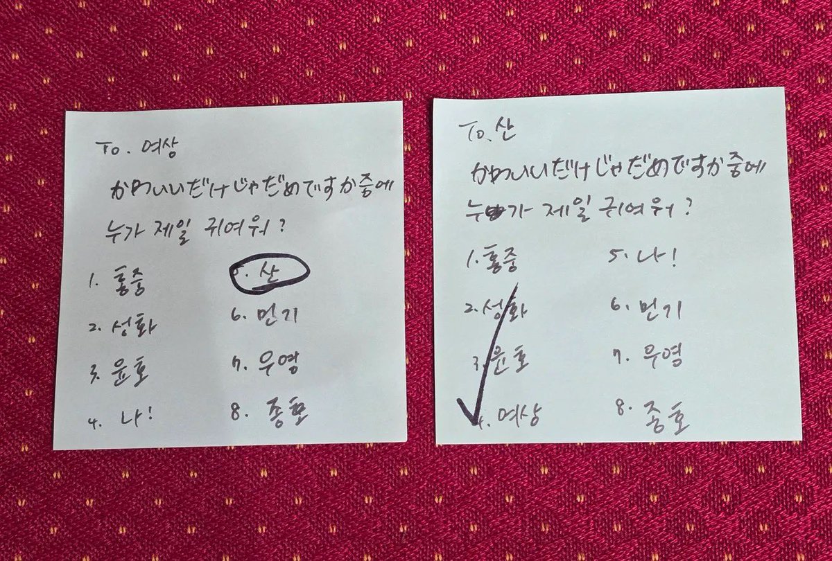 lovelifebeauty_'s tweet photo. op asked each member who was the cutest when performing “is it not enough to just be cute? (kawaii dakeja dame desuka?)”:

Hongjoong -> Yeosang
Seonghwa -> Hongjoong 
Yunho -> Yunho
Yeosang -> San
San -> Yeosang 
Mingi -> Seonghwa and Yunho
Wooyoung -> Hongjoong 
Jongho -> Hongjoong and Jongho 

cr. usedtodreamdh on threads