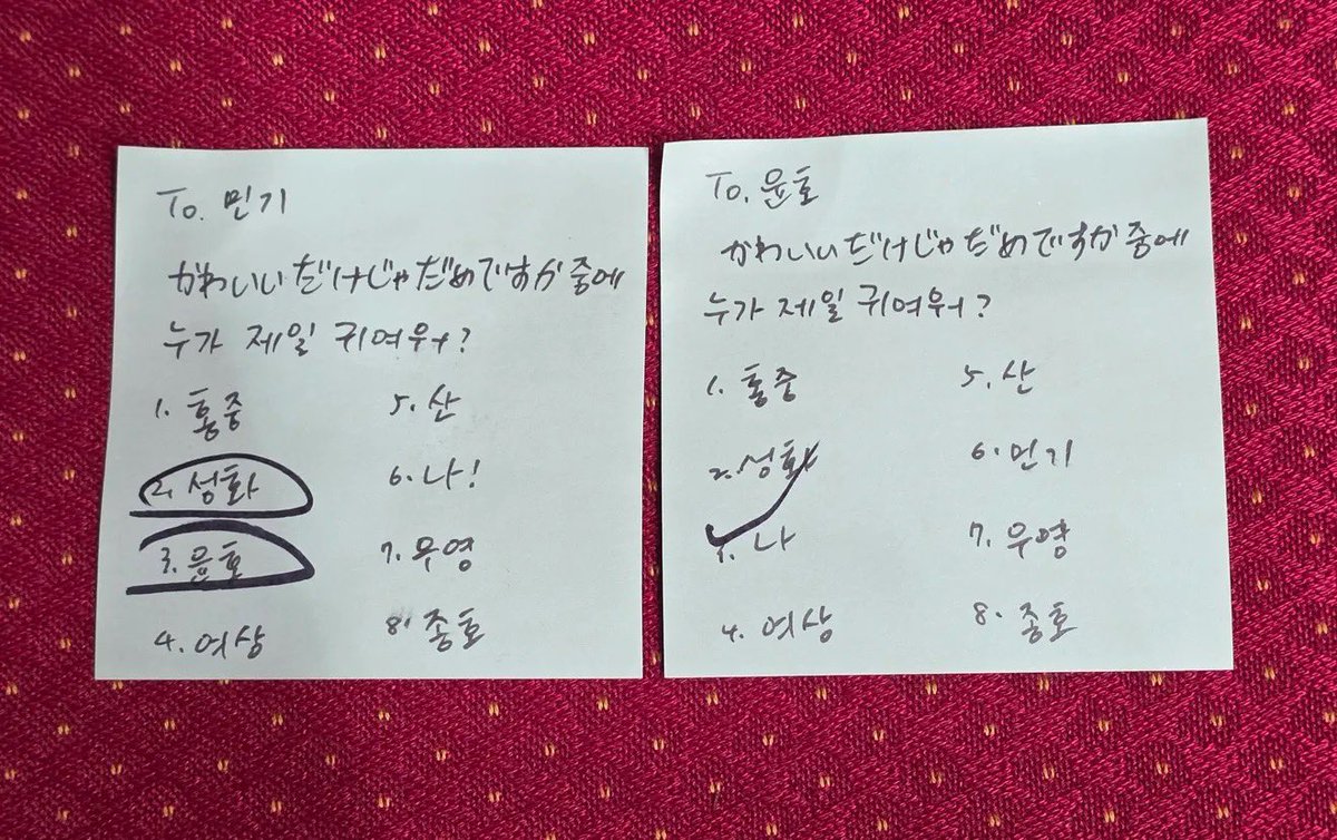 lovelifebeauty_'s tweet photo. op asked each member who was the cutest when performing “is it not enough to just be cute? (kawaii dakeja dame desuka?)”:

Hongjoong -> Yeosang
Seonghwa -> Hongjoong 
Yunho -> Yunho
Yeosang -> San
San -> Yeosang 
Mingi -> Seonghwa and Yunho
Wooyoung -> Hongjoong 
Jongho -> Hongjoong and Jongho 

cr. usedtodreamdh on threads