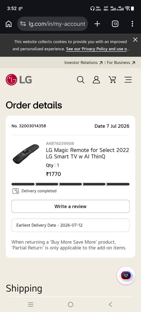 Azhar8097's tweet photo. @LGIndia i ordered this lg remote but delevery not received but its shows in website already deleverd   i want my amount refunded https://t.co/5FOrfugBPL
