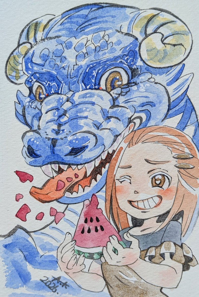 AK15337474's tweet photo. 巻きツノの青色ドラゴンと女の子(^^)

呉竹さん　顔彩耽美　きん

上羽絵惣さん　たいしゃ、しゅ、えんじ、おうど、ぐんじょう、ろくしょう

などを、使ってえがきました。

ハガキサイズの小さな絵です😊

#龍　#竜　#ドラゴン　#Dragon https://t.co/7TDJ2mzyz9