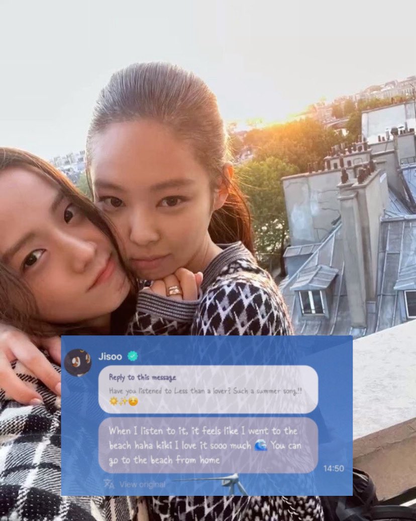 maibogs's tweet photo. BLACKPINK's Jisoo, as Jennie's ex-girlfriend, showed support and said she really likes the song Less than a Lover

"When I listen to it, it feels like I went to the beach haha kiki I love it sooo much go to the beach from home" 🥰 https://t.co/kg4hjIzocX