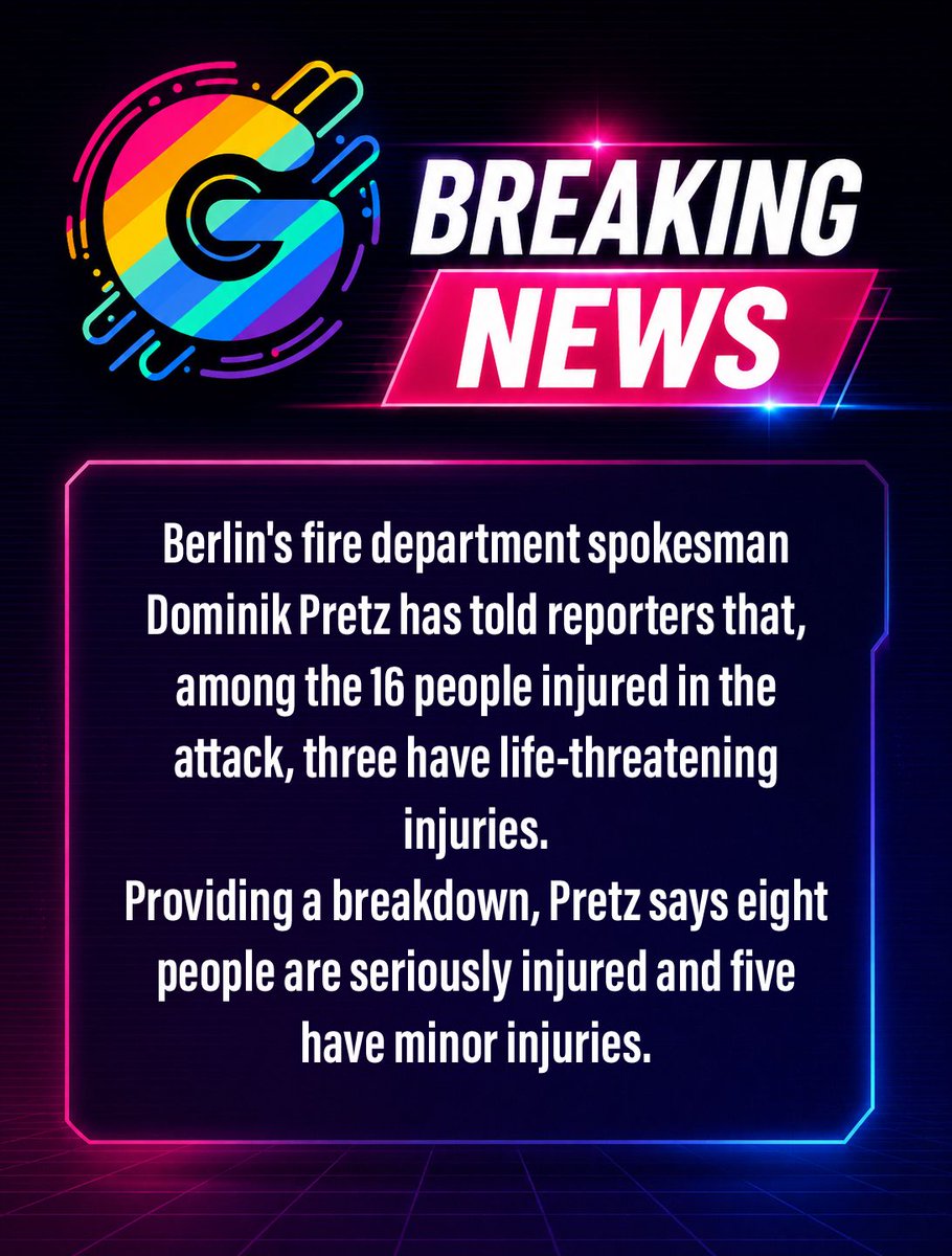 GlitterBeamUK's tweet photo. Berlin's fire department spokesman Dominik Pretz has told reporters that, among the 16 people injured in the attack, three have life-threatening injuries.
Providing a breakdown, Pretz says eight people are seriously injured and five have minor injuries. https://t.co/HvHe39QV0e