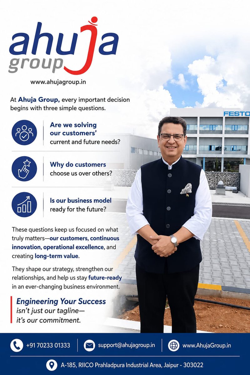 ahujalalit's tweet photo. Every important decision at Ahuja Group begins with three questions: Are we solving our customers' current &amp; future needs? Why do customers choose us? Is our business model future-ready? These questions drive our strategy. Engineering Your Success. #AhujaGroup #Leadership https://t.co/iAr50CyBCP