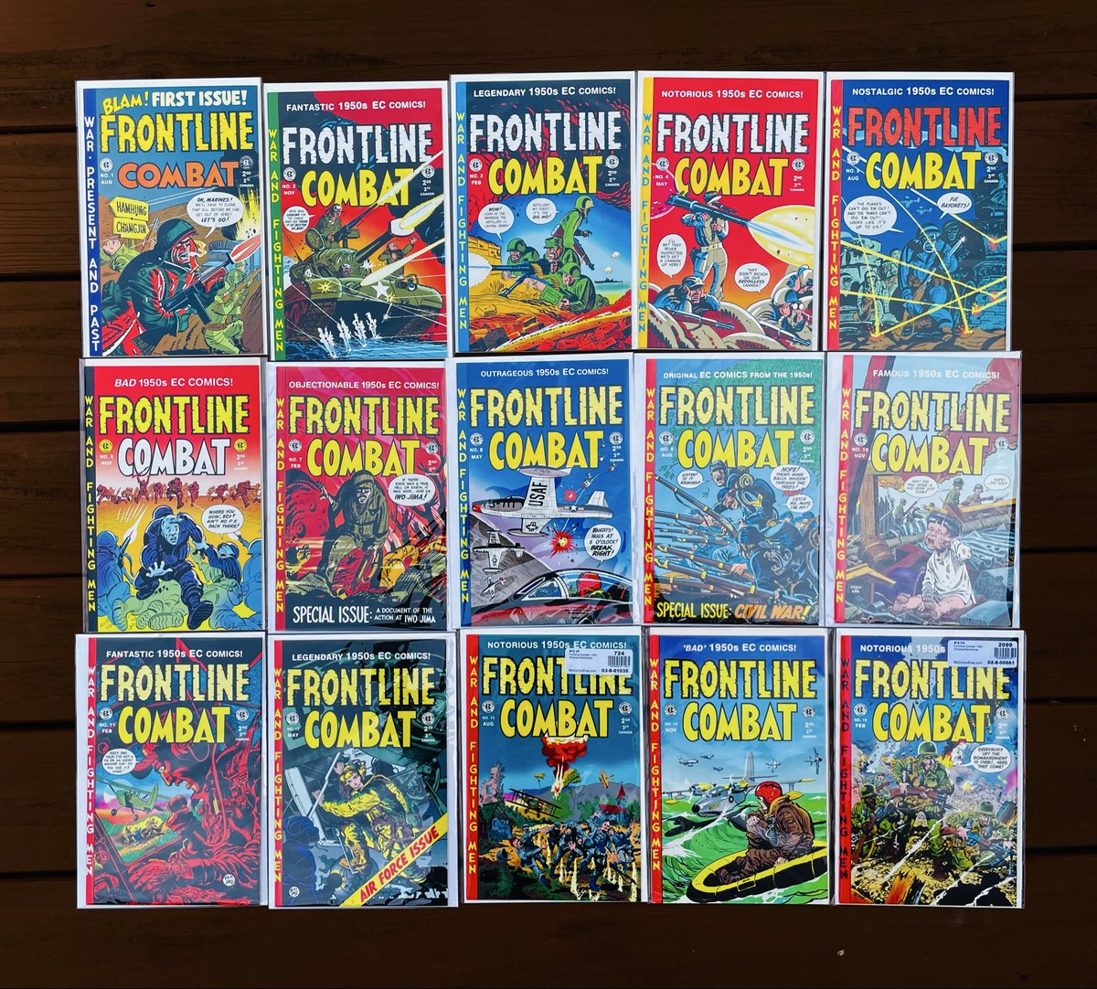 SudduthPhillip's tweet photo. Good morning, friends and neighbors! Today is Sunday, July 26, 2026. A good day, welcome the sun! 🌞
This is the Gemstone reprint series of EC Comics Frontline Combat, all 15 issues. These facsimiles are from 1995-1999. The series originally ran from 1951-1954. https://t.co/0jqzNynfdj