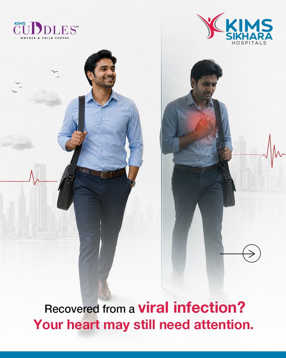 KimsSikhara's tweet photo. Recovering from a viral infection doesn't always mean your heart is fine. Conditions like myocarditis can arise, leading to chest pain, breathlessness and fatigue. Consult KIMS Sikhara Hospitals for expert care. 

#KIMSSikhara #Myocarditis #HeartHealth https://t.co/3cJKV8Yhh9