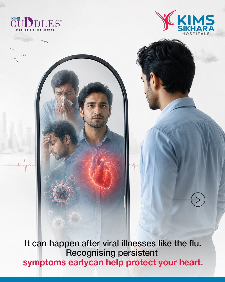 KimsSikhara's tweet photo. Recovering from a viral infection doesn't always mean your heart is fine. Conditions like myocarditis can arise, leading to chest pain, breathlessness and fatigue. Consult KIMS Sikhara Hospitals for expert care. 

#KIMSSikhara #Myocarditis #HeartHealth https://t.co/3cJKV8Yhh9