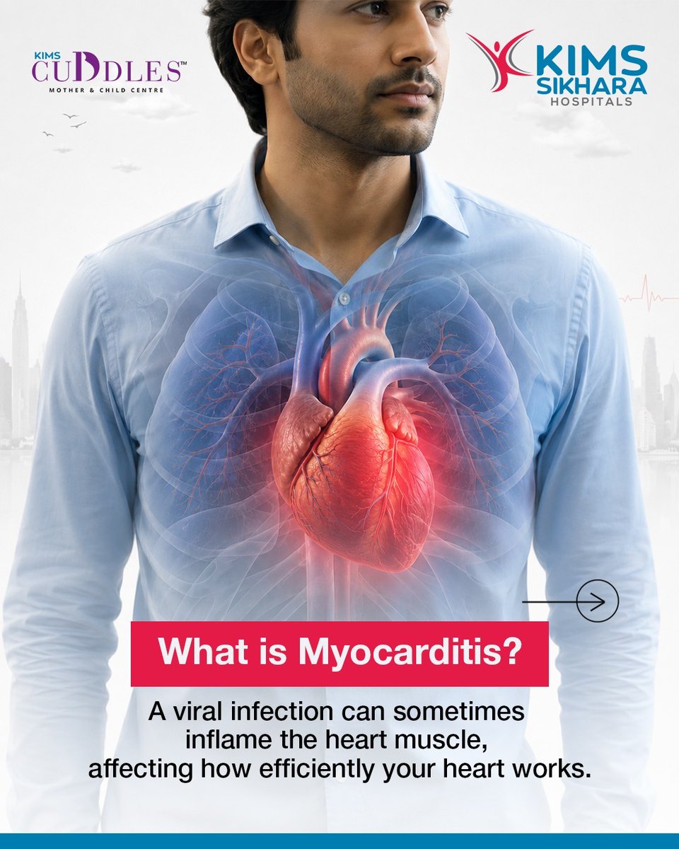 KimsSikhara's tweet photo. Recovering from a viral infection doesn't always mean your heart is fine. Conditions like myocarditis can arise, leading to chest pain, breathlessness and fatigue. Consult KIMS Sikhara Hospitals for expert care. 

#KIMSSikhara #Myocarditis #HeartHealth https://t.co/3cJKV8Yhh9