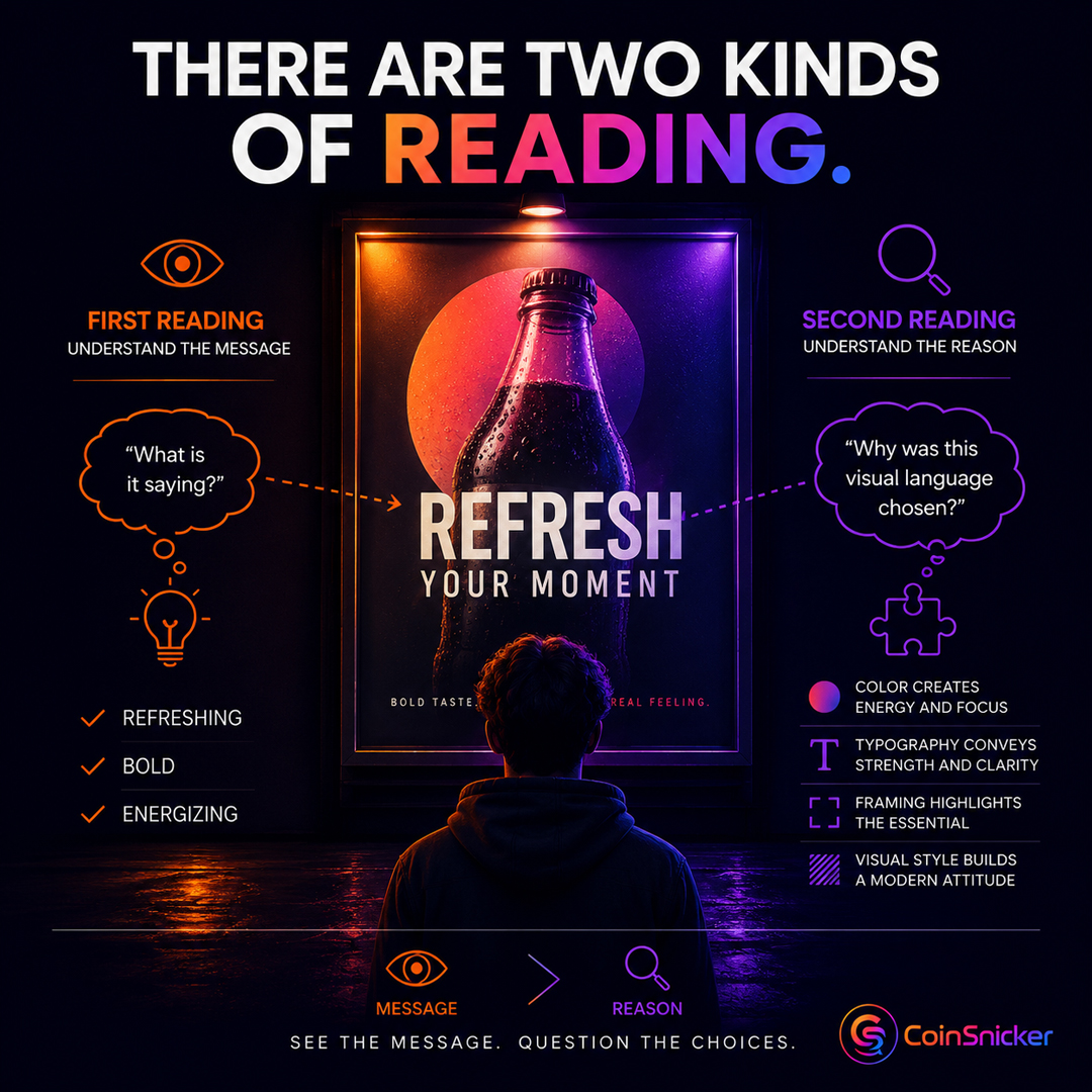 CoinSnicker's tweet photo. When you first see an advertisement, you may understand the message right away.

But that does not mean you also understand why it was presented that way.

Those are two different kinds of reading.🧵👇 https://t.co/uF2K7zheSb