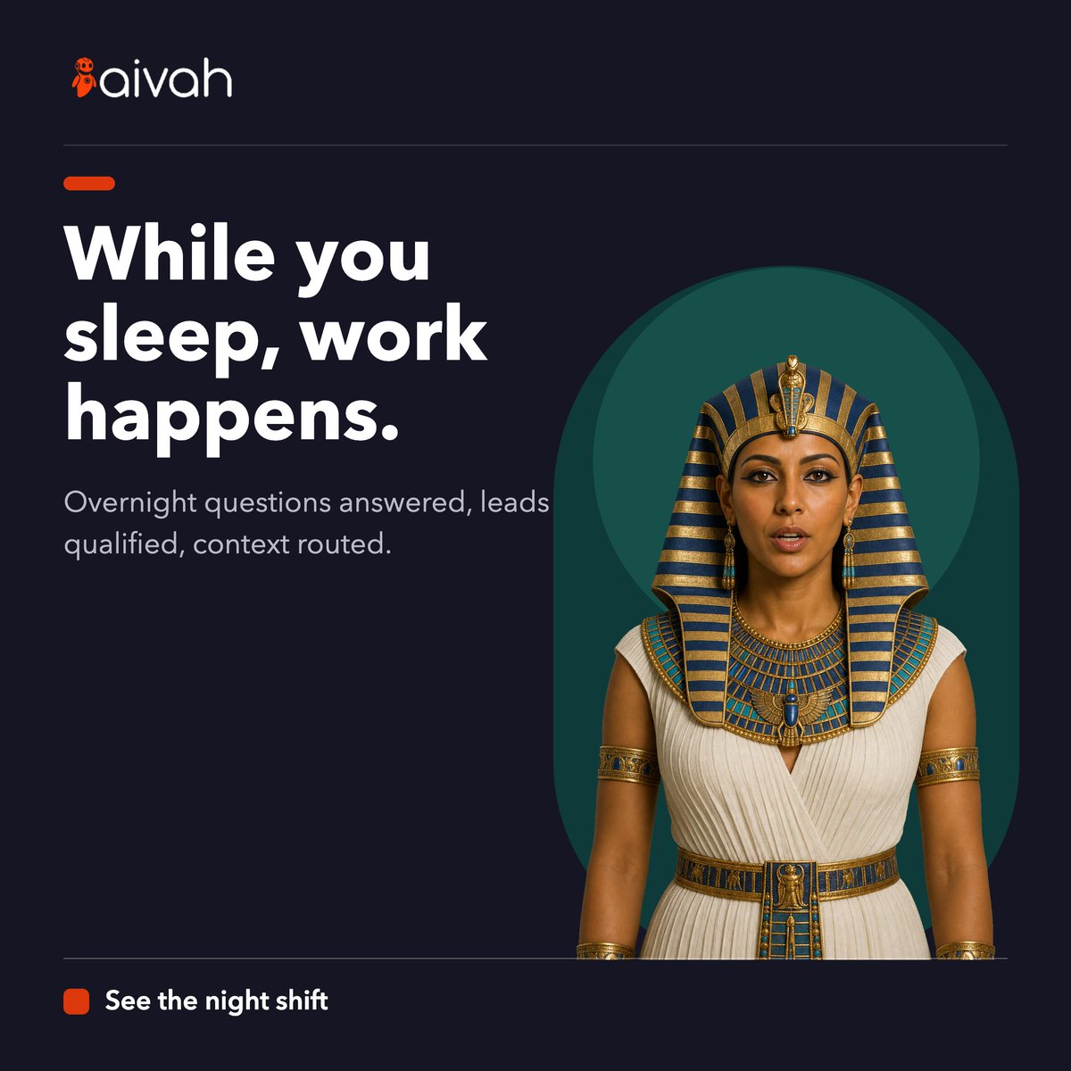 aivahai's tweet photo. Overnight questions answered, leads qualified, context routed for the morning. The night shift, staffed.

https://t.co/w1kVrQGxmz

#AlwaysOn #CustomerSupport #LeadGen #AIEmployee #Aivah #agenticbeings https://t.co/h7h443P0eS