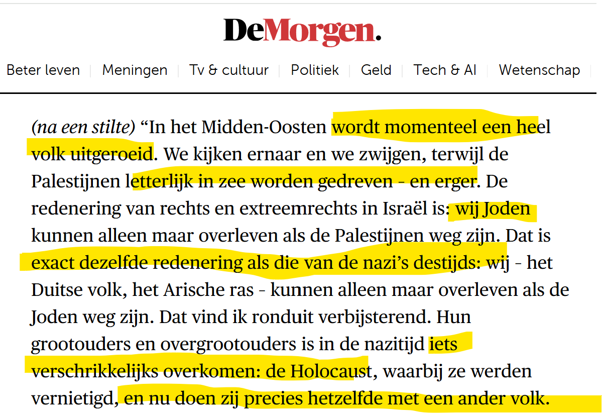 mboudry's tweet photo. Wat Frans Timmermans (@F__Timmermans) hier uitkraamt, is werkelijk weerzinwekkend. Hij stelt Israël (een liberale en multi-etnische democratie) gelijk aan Nazi-Duitsland (het kwaadaardigste regime uit de geschiedenis) en beweert dat "de Joden" in Gaza "precies hetzelfde" (!) doen als tijdens de Holocaust. 

Dit is de meest vulgaire vorm van Holocaust-omkering, wat volgens de IHRA-definitie antisemitisch is — en dat zou ook voor iedereen met een greintje historische kennis evident moeten zijn.

Twintig procent van de Israëli's is Arabische moslim, met gelijke burgerrechten. Duizenden van hen dienen in het IDF en vechten mee in Gaza. Werken zij dan mee aan hun eigen genocide of zo?

Timmermans is geen idioot; natuurlijk weet hij beter. Hij gaat gewoon plan op zijn buik voor het groeiende antisemitisme ter linkerzijde, waar "Israëli's = nazi's" is uitgegroeid tot dogma. Je hebt de verkiezingen al verloren, Frans. Het heeft geen zin om jezelf zo te verlagen. 

Als @F__Timmermans nog een greintje zelfrespect heeft, biedt hij zijn excuses aan de Joodse gemeenschap aan.

Daarom zou ik als progressief nooit op iemand als Timmermans kunnen stemmen. Ik ben heel blij dat hij niet tot premier van Nederland is gekozen, los van mijn meningsverschillen over klimaatbeleid.

"In het Midden-Oosten wordt momenteel een heel volk uitgeroeid. We kijken ernaar en we zwijgen, terwijl de Palestijnen letterlijk in zee worden gedreven – en erger. De redenering van rechts en extreemrechts in Israël is: wij Joden kunnen alleen maar overleven als de Palestijnen weg zijn. Dat is exact dezelfde redenering als die van de nazi’s destijds: wij – het Duitse volk, het Arische ras – kunnen alleen maar overleven als de Joden weg zijn. Dat vind ik ronduit verbijsterend. Hun grootouders en overgrootouders is in de nazitijd iets verschrikkelijks overkomen: de Holocaust, waarbij ze werden vernietigd, en nu doen zij precies hetzelfde met een ander volk."