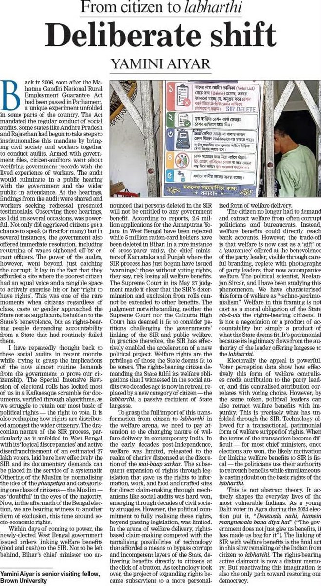 chinarshades's tweet photo. @AiyarYamini  argues that how Indian citizen is gradually being transformed from a rights-bearing citizen to a labharthi (beneficiary). 
#Techno-patrimonialism https://t.co/hCpxhzsJyF